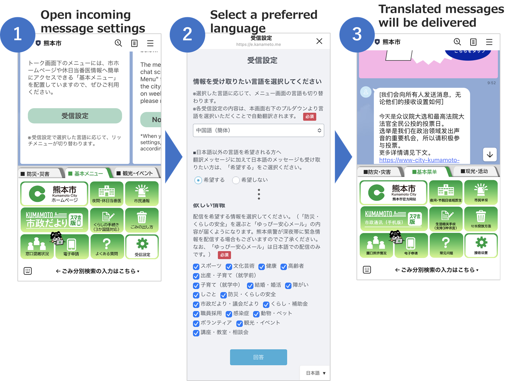 Automatic translation function settings for delivered messages